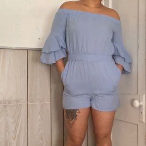 Off Shoulder Blue Romper with Ruffle Sleeves